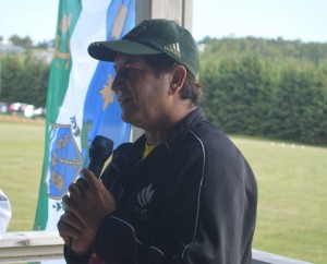 New Canadian National Team Coach Mukesh Narula seen speaking at Friday's opening ceremonies for the Atlantic T20 at Tea Hill Park, Stratford, Prince Edward Island.  He had assisted Prince Edward Island's preparations for this tournament and provided guidance to teams during the course of the opening day's play.