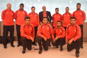 Canadian squad members at Pearson Airport on January 1, 2015: Back row (left-to-right): Durand Sorraine, Srimantha Wijeyeratne, Mukesh Narula (Coach), Naresh Jain (Manager), Nikhil Dutta, Cecil Pervez, and Ruvindu Gunaskera. Front row(left-to-right): Navneet Dhaliwal, Parth Desai, Usman Limbada and Satsmiranjit Dhindsa.