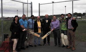 Deputy mayor Ellsworth (left) and Derek Bennett (right) with bats at opening cermony