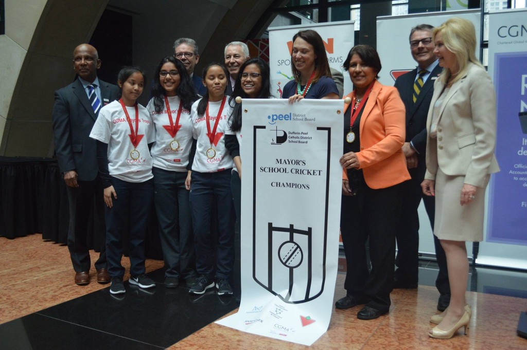 2016 Mayor's Girls High School Champions Father Michael Goetz with Mayor Bonnie Crombie (right of picture) Far left is Ranil Mendis (CIMA Canada)