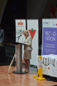 Mississauga Mayor Bonnie Crombie speaking at the 2016 Mississauga Mayor's Cricket Award ceremony in the Great Hall, Mississauga.